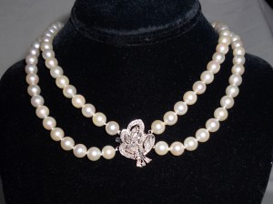 Double Strand Pearl Necklace with White Gold and Diamonds Flower Clasp